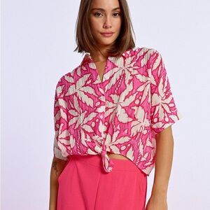 Molly Bracken Pink and White Leaf Print Button Down Shirt